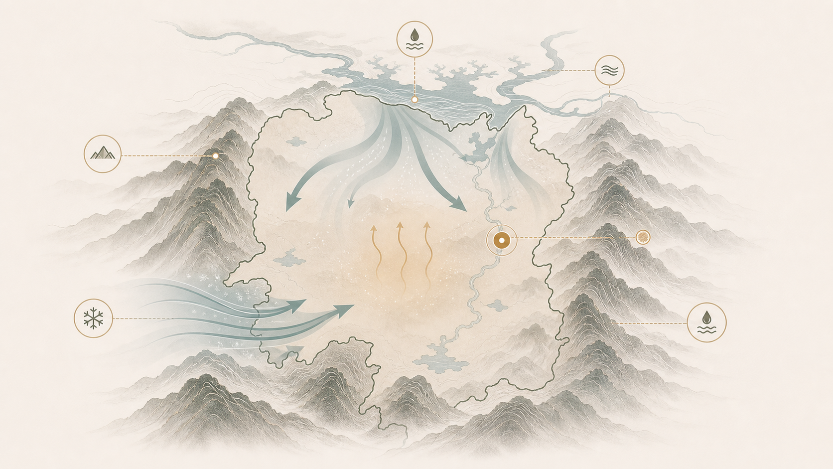长沙与湖南气候关系示意图，呈现山地、水系、湿热、湿冷与阴雨对住宅环境的影响