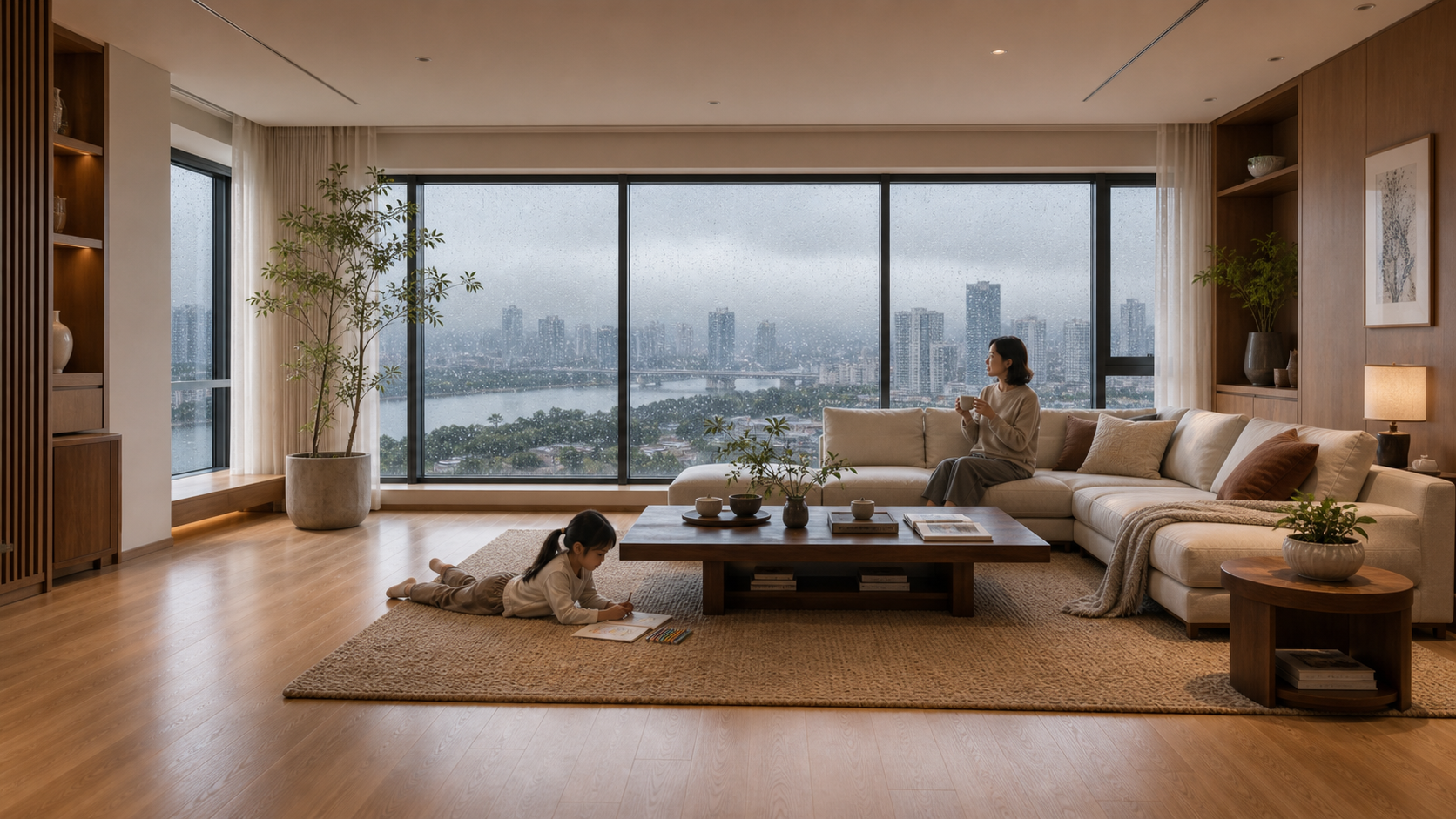 湖南雨天高层大平层客厅，窗外高湿阴雨，室内保持干爽舒适