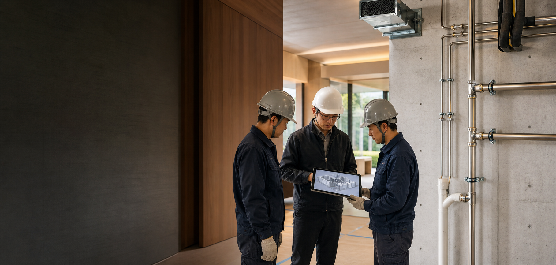 住宅机电设计工程师与施工团队在现场核对数字模型，并完成 316L 给水、PP 排水与暖通系统的精细施工