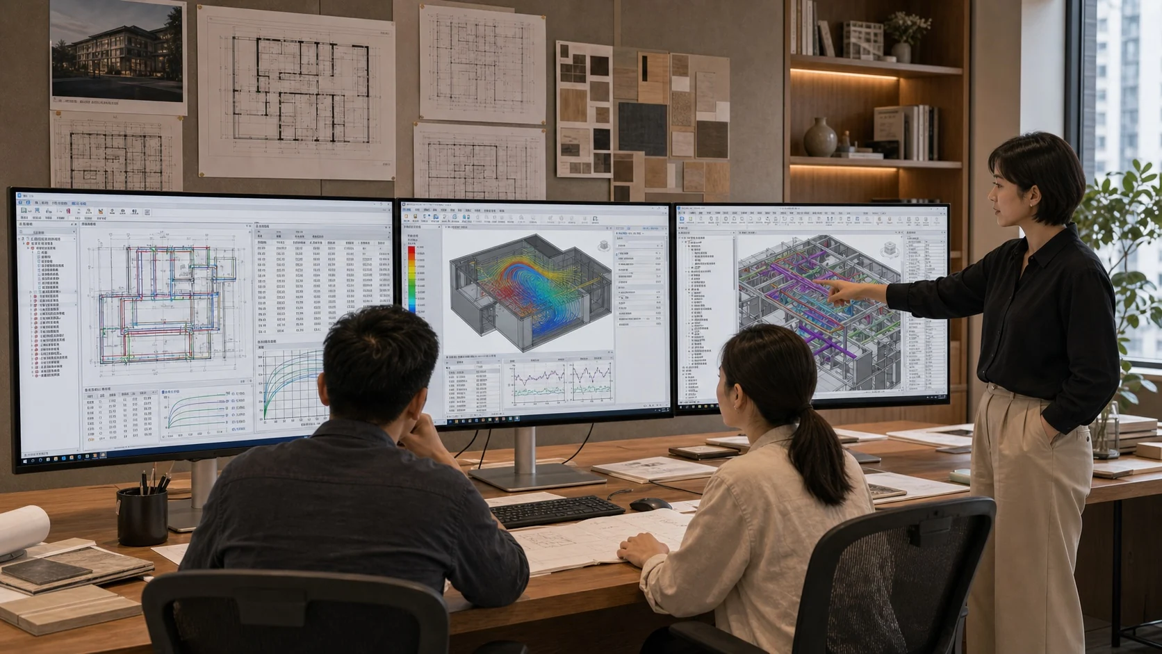 三屏 MEP 设计工位展示计算表、CAD 平面和 BIM 管线综合