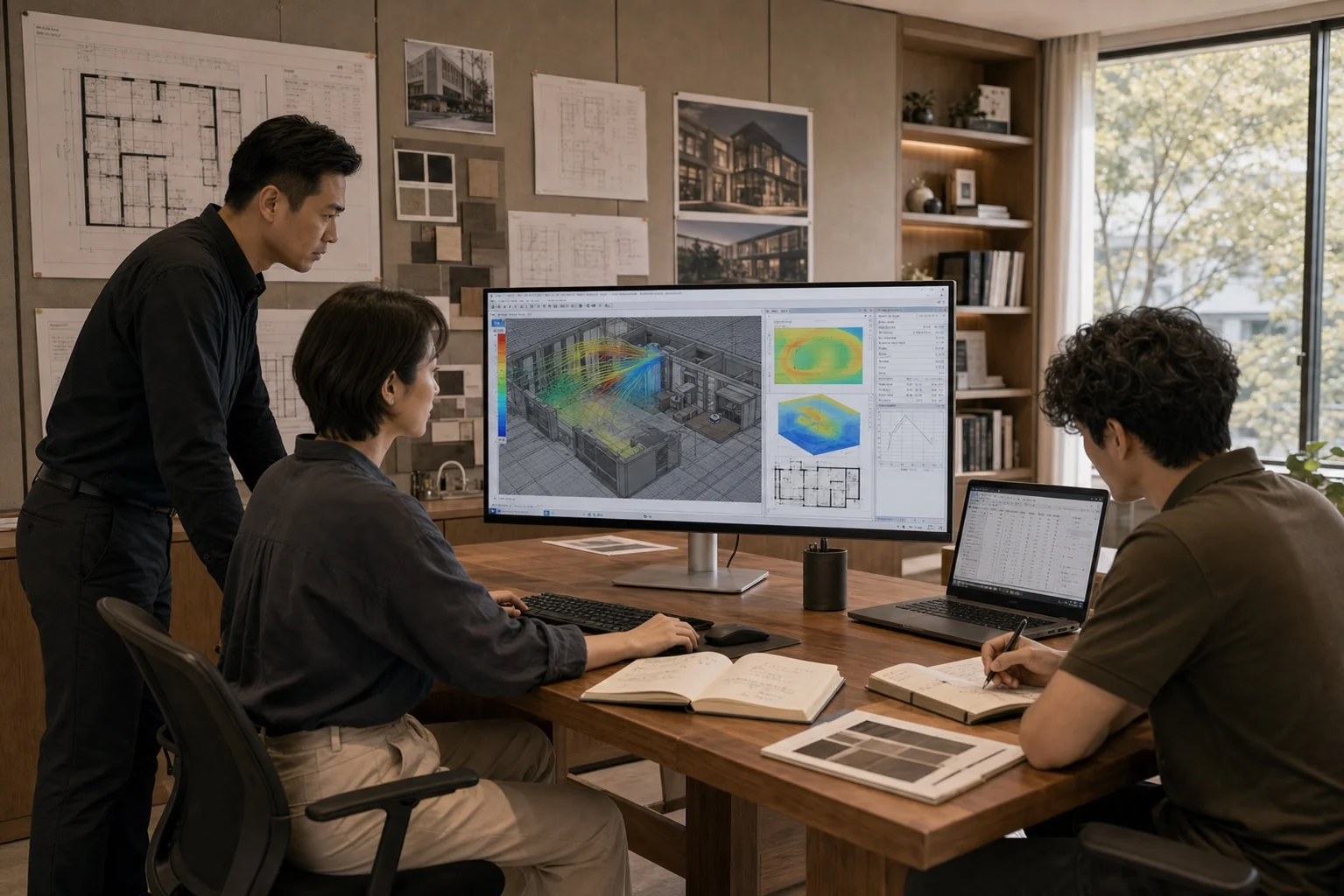 团队在 CFD 工作站前检查住宅气流、温度和舒适度模拟结果