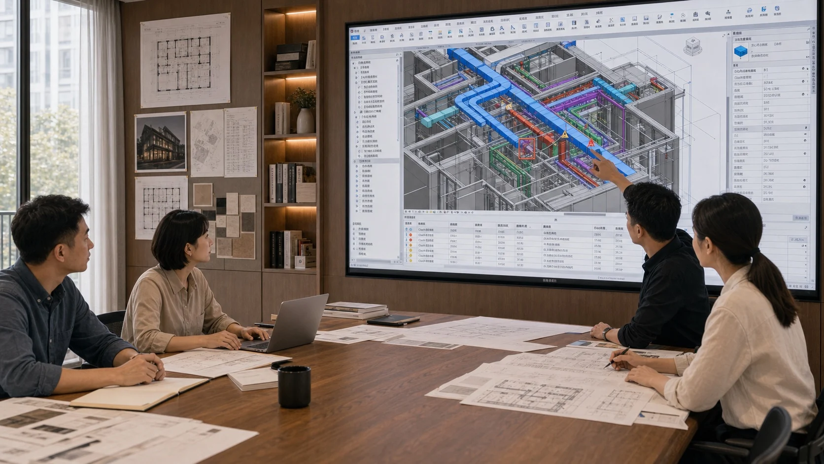 多角色团队在会议室围绕 BIM 管线模型、计算表和图纸协同讨论