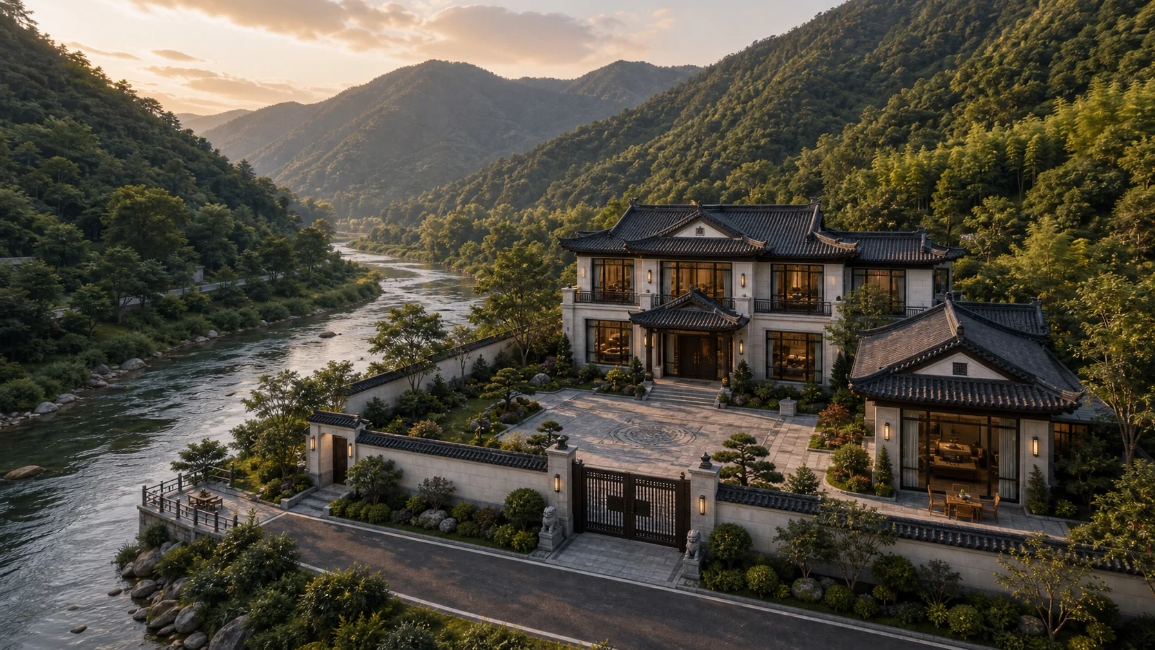 湖南山谷自然江景中的高端中式自建别墅，宅院退离江边保持私密与安全，围墙完整，侧门通往墙外观景台，可赏江、品茶、钓鱼